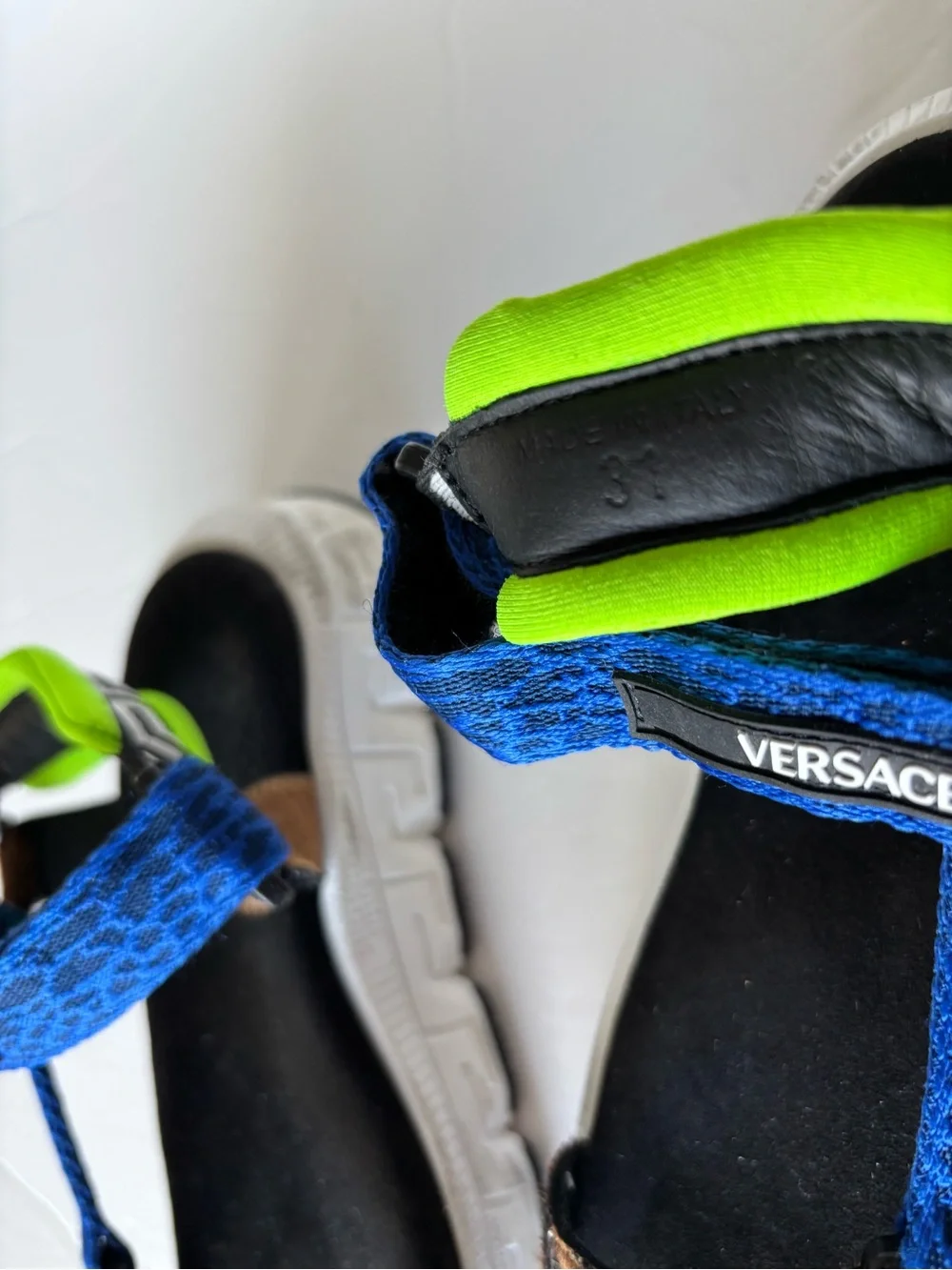 Versace (Italy) Kids, Blue, Brown & Neon Green Animal-Accent Sport Sandals